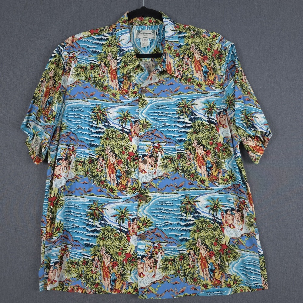 Kamehameha Hawaiian Shirt Mens 2XL Tropical Short Sleeve Camp‎ Collar Lei Lady